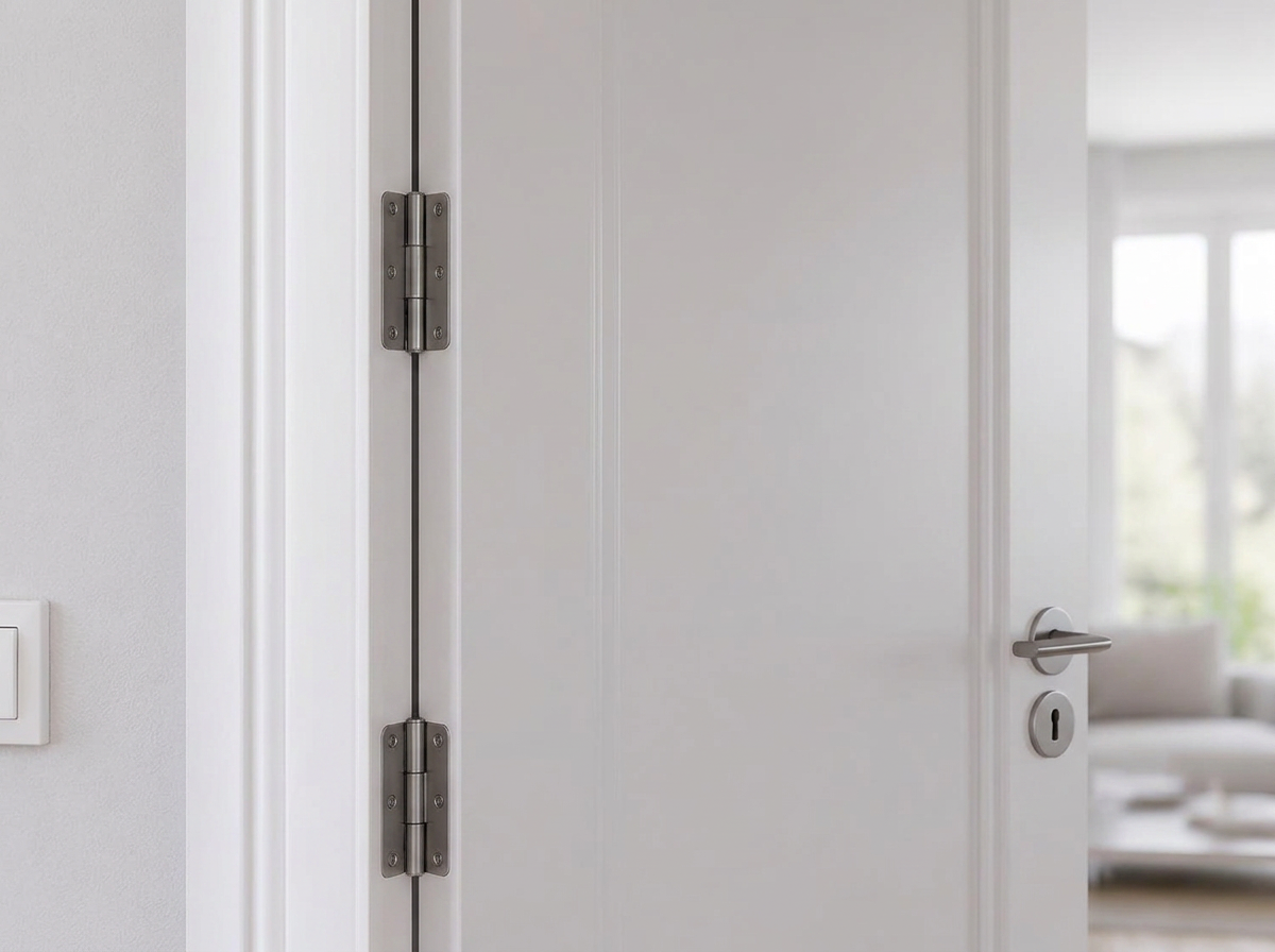Detalhe de batente, dobradiça e guarnição de porta branca em apartamento