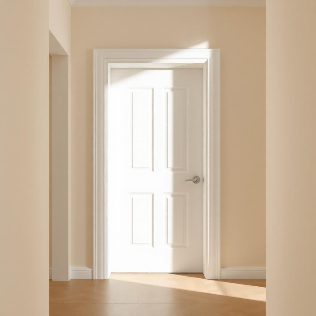 Porta branca padrão de apartamento de grandes construtoras em corredor neutro